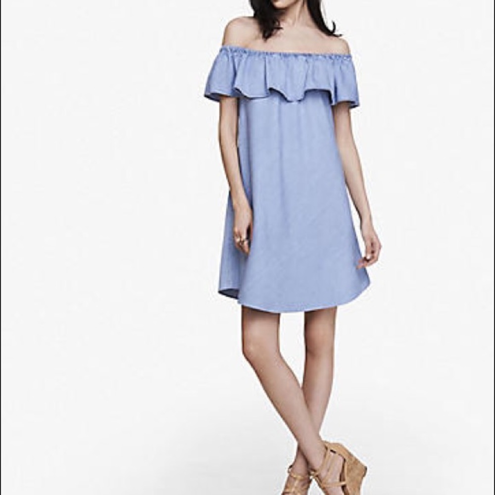 Express denim off the shoulder flounce dress
